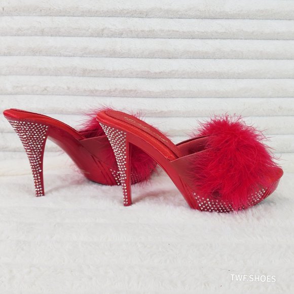 Your Majesty Red Marabou Feather Rhinestone Platform Slip On Slides - Picture 6 of 10